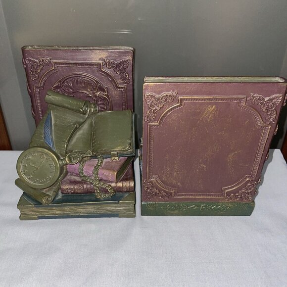Vintage Bookends Alice In Wonderland Theme Pocket Watch Scrolls Heavy Book Ends - Picture 5 of 6